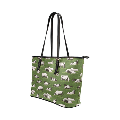 Cow on Grass Print Pattern Leather Tote Bag