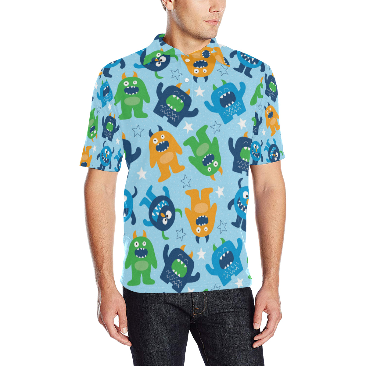 Monster Cartoon Pattern Print Design 04 Men Polo Shirt