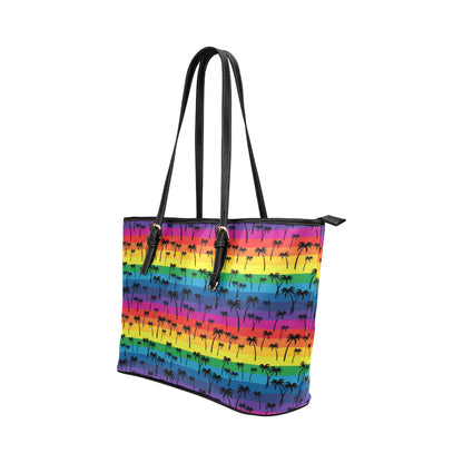 Palm Tree Rainbow Themed Print Leather Tote Bag