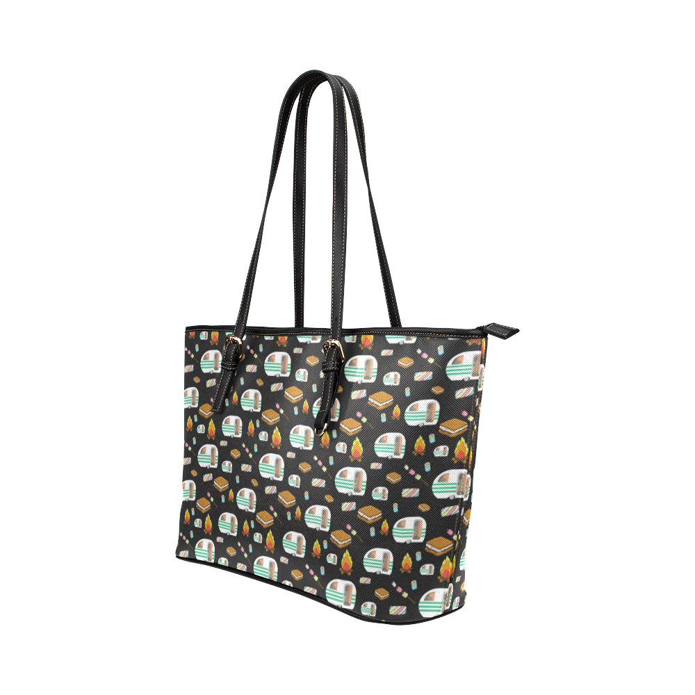 Camper marshmallow Camping Design Print Leather Tote Bag