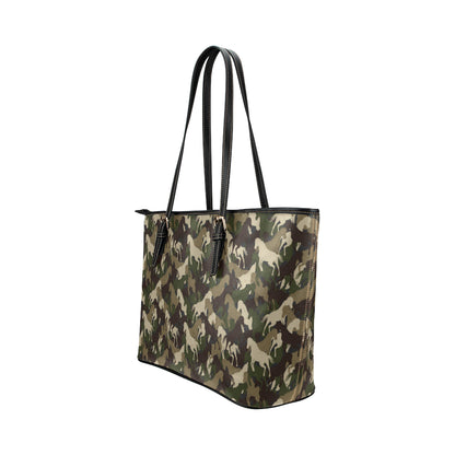 Horse Camo Themed Design Print Leather Tote Bag