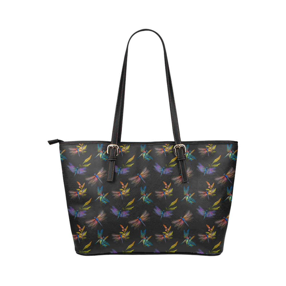 Dragonfly Colorful Realistic Print Leather Tote Bag