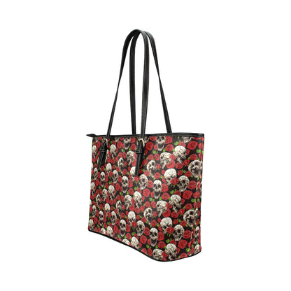 Skull Roses Design Themed Print Leather Tote Bag