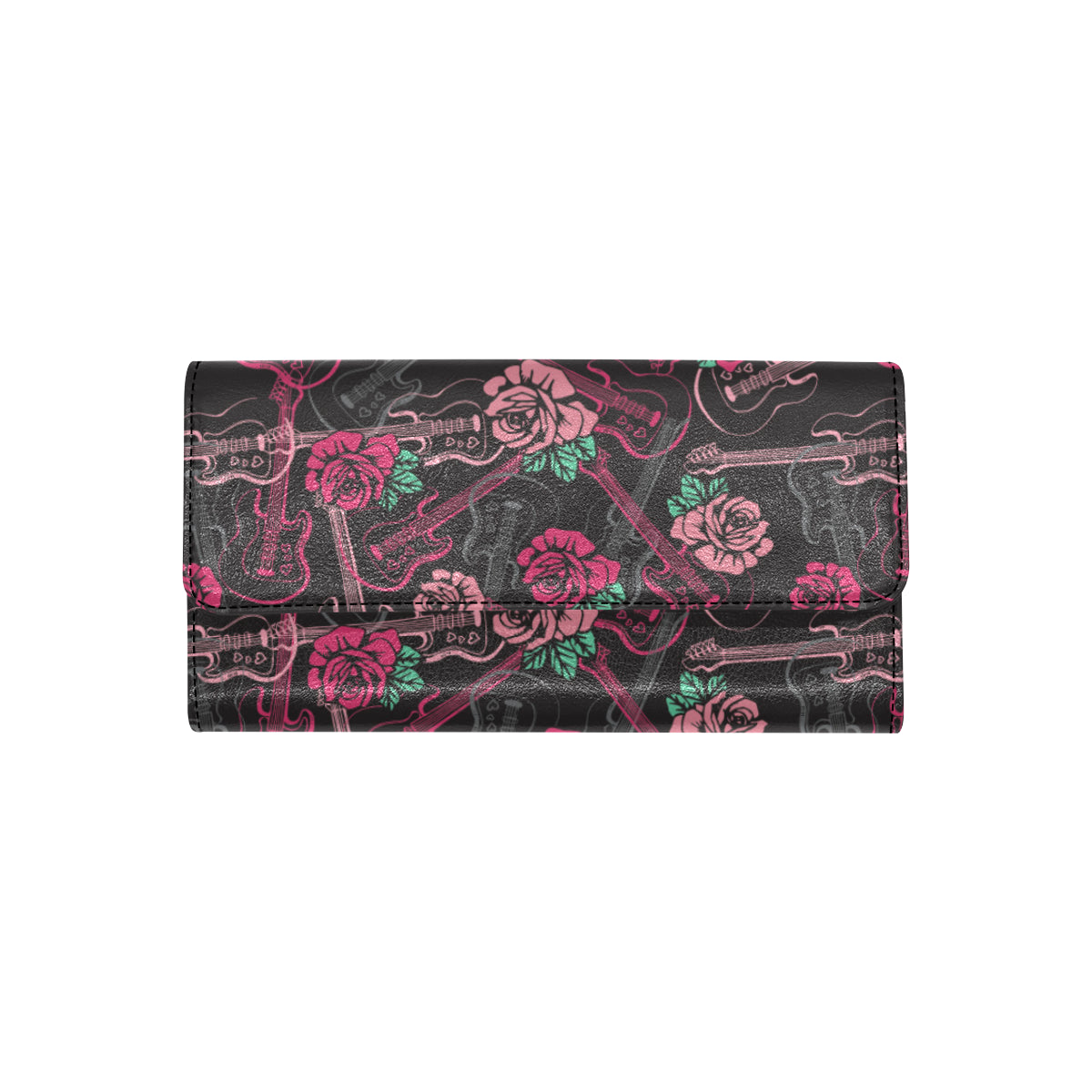 Bass Guitar Pink Rose Pattern Print Design 01 Women's Trifold Wallet