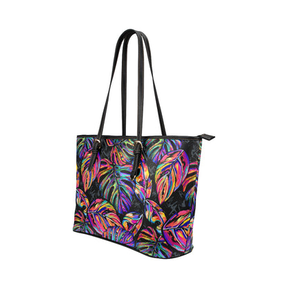 Neon Color Tropical Palm Leaves Leather Tote Bag