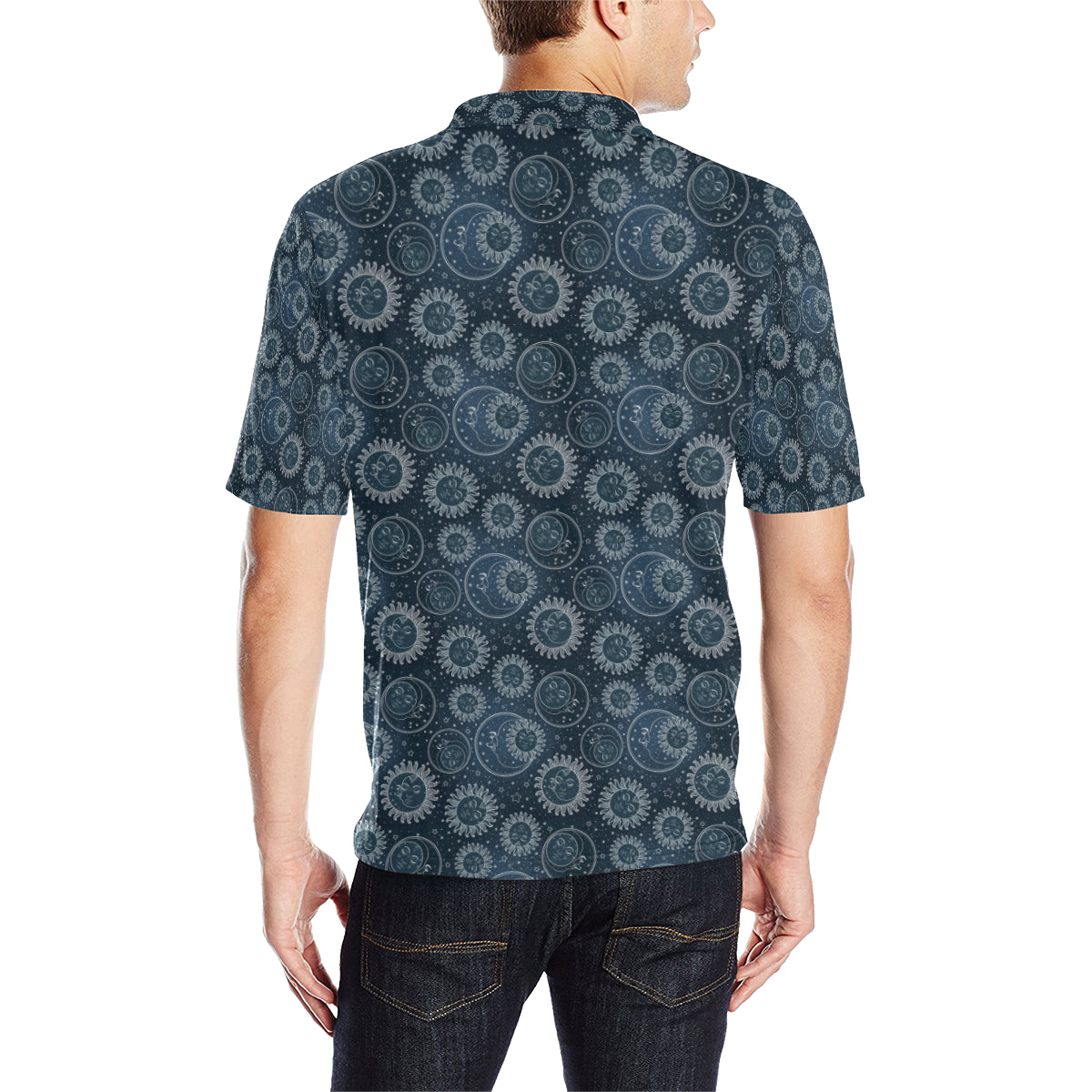 Sun Moon Tattoo Design Themed Print Men Polo Shirt