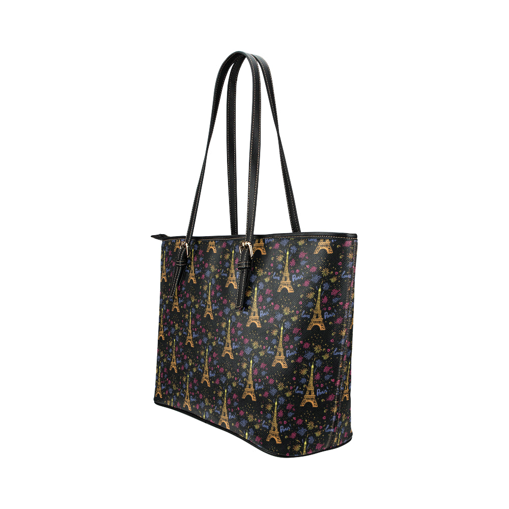 Eiffel Tower Love Paris Print Leather Tote Bag
