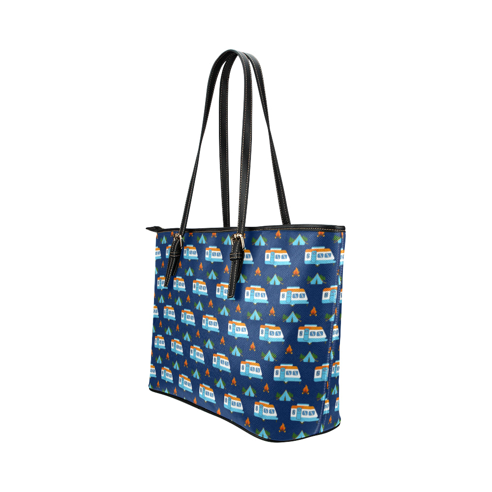 Camper Pattern Camping Themed No 3 Print Leather Tote Bag