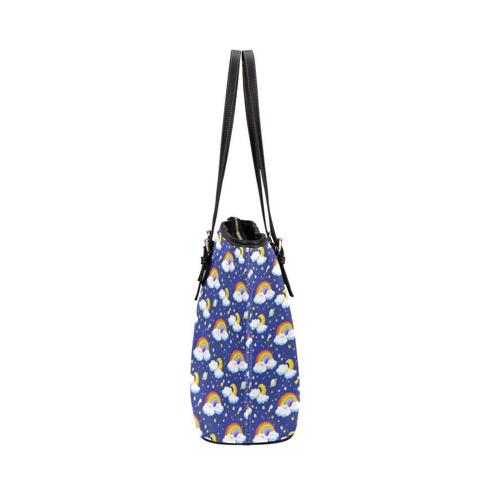 Rainbow Space Design Print Leather Tote Bag