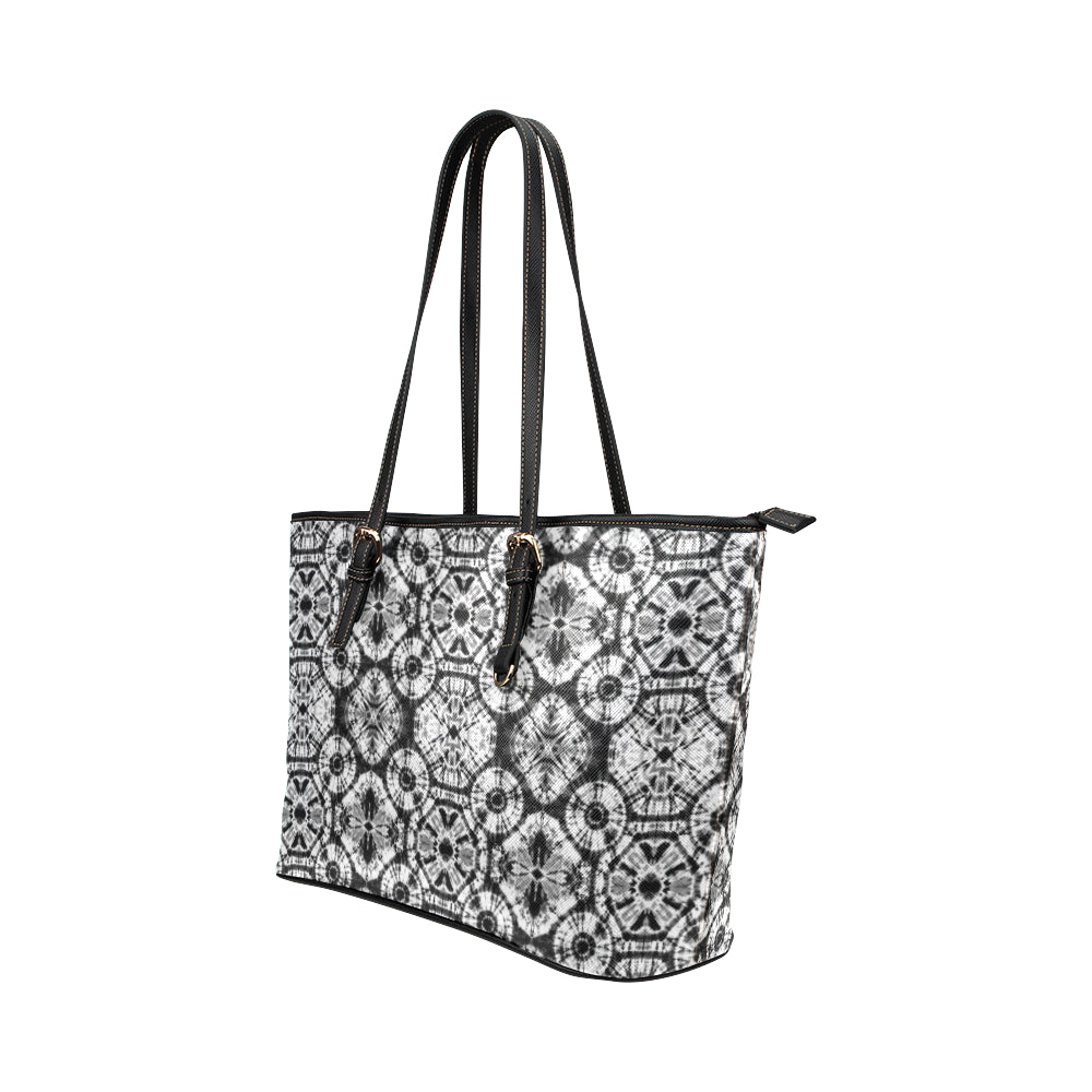 Tie Dye Black White Design Print Leather Tote Bag