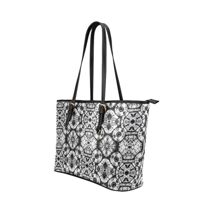 Tie Dye Black White Design Print Leather Tote Bag