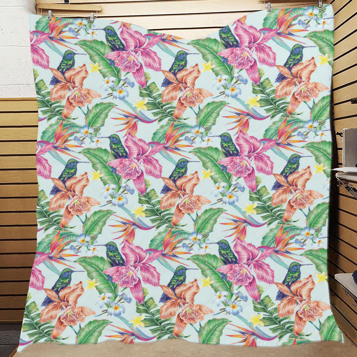 Hummingbird Tropical Pattern Print Design 05 Premium Quilt