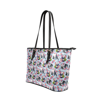 Panda Bear Flower Design Themed Print Leather Tote Bag