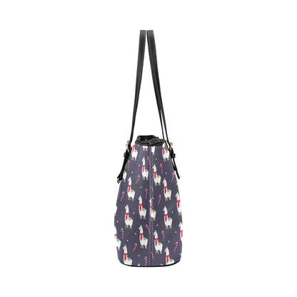 Llama with Candy Cane Themed Print Leather Tote Bag