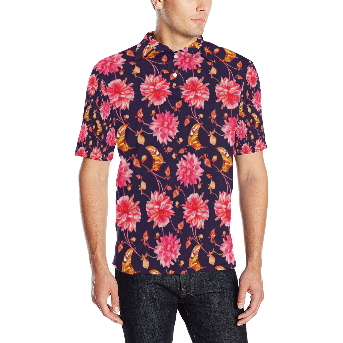 Dahlia Pattern Print Design DH03 Men Polo Shirt