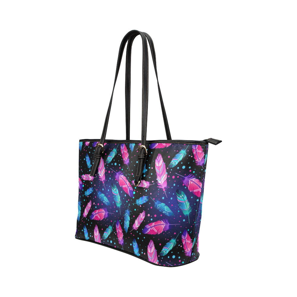 Feather Colorful Boho Design Print Leather Tote Bag