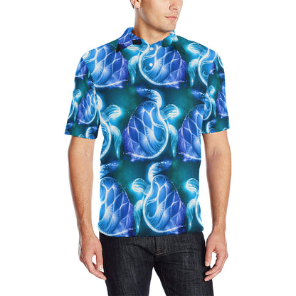 Blue Neon Sea Turtle Print Men Polo Shirt