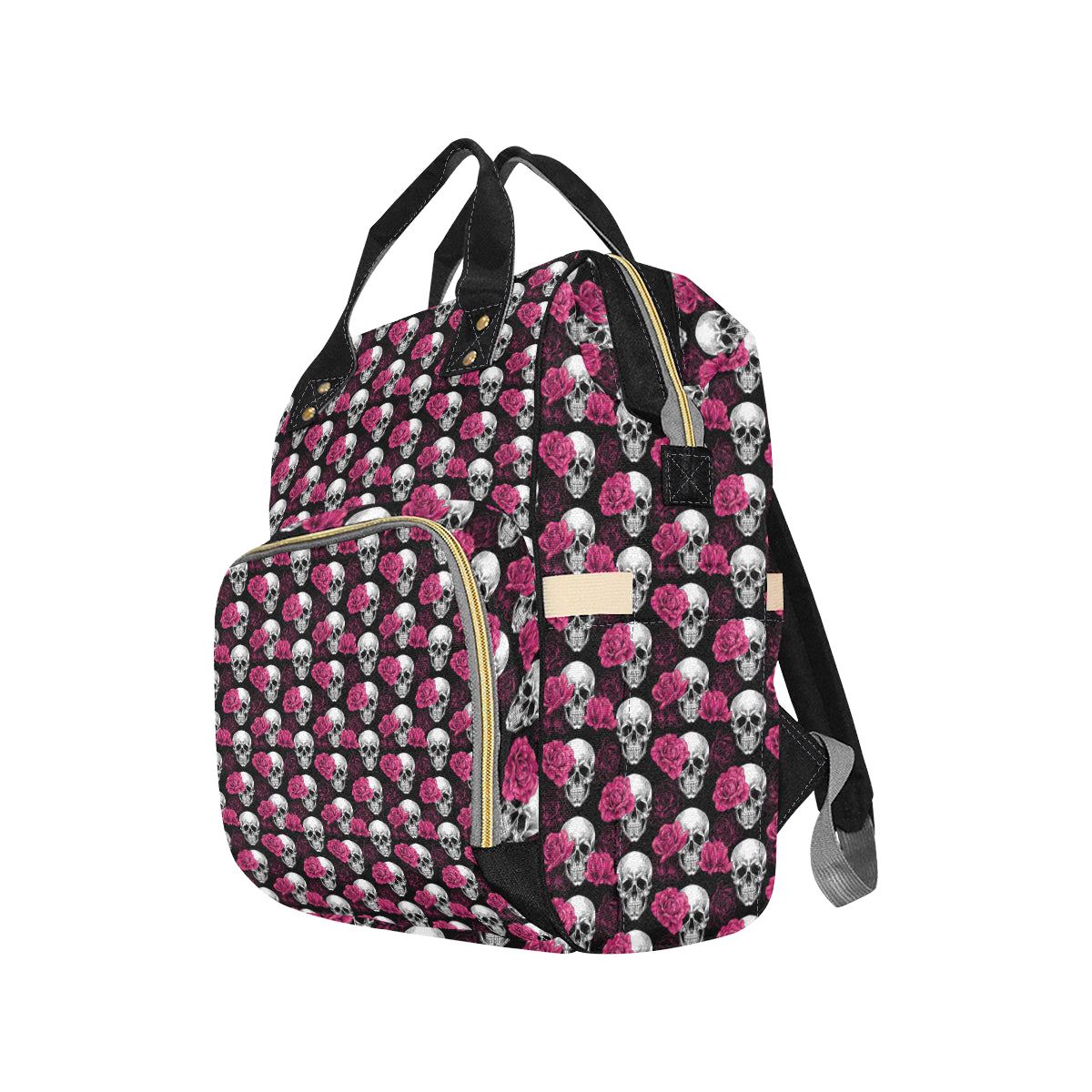 Pink Rose Skull Themed Print Diaper Bag Backpack
