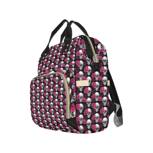 Pink Rose Skull Themed Print Diaper Bag Backpack