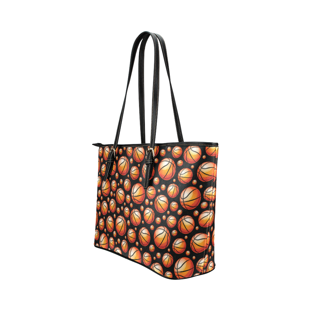 Basketball Black Background Pattern Leather Tote Bag