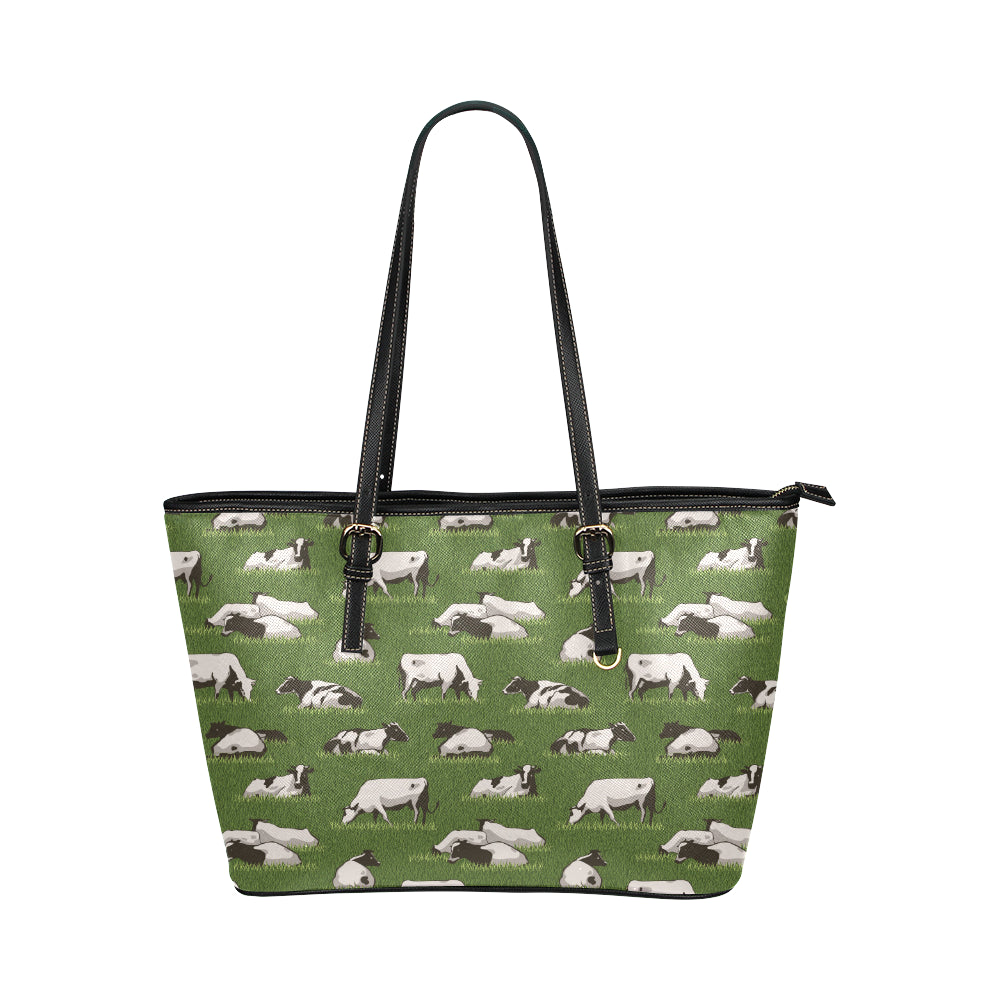 Cow on Grass Print Pattern Leather Tote Bag
