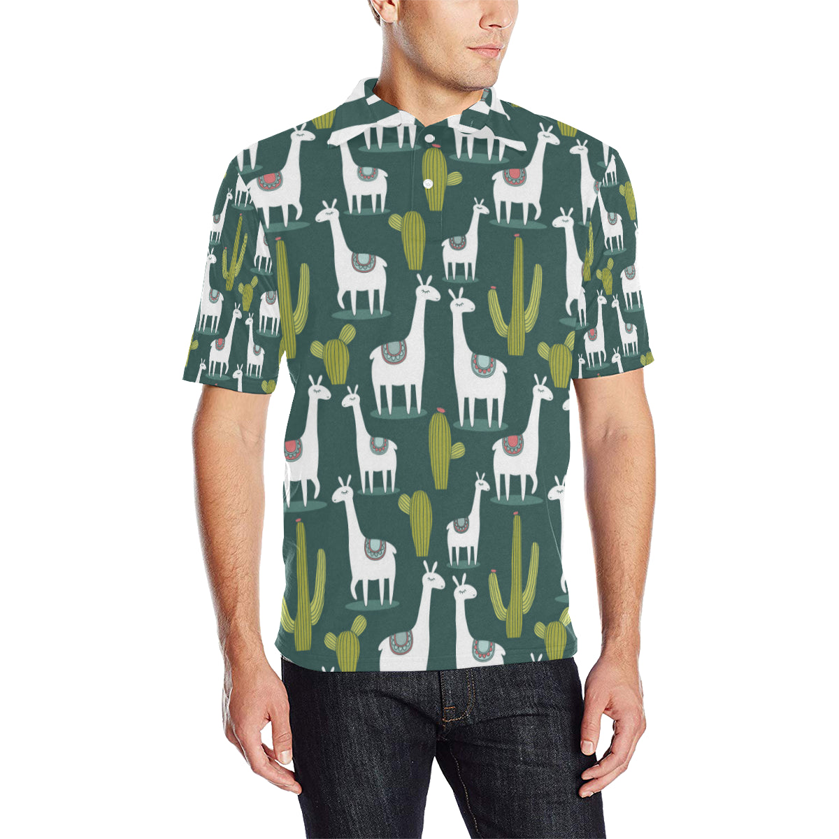 Llama Cactus Pattern Print Design 02 Men Polo Shirt