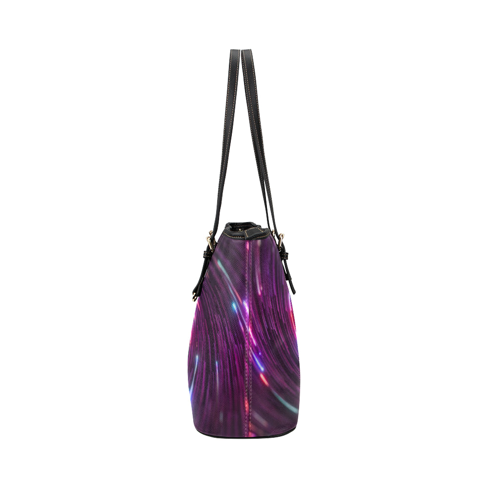 Vortex Twist Swirl Purple Neon Print Leather Tote Bag