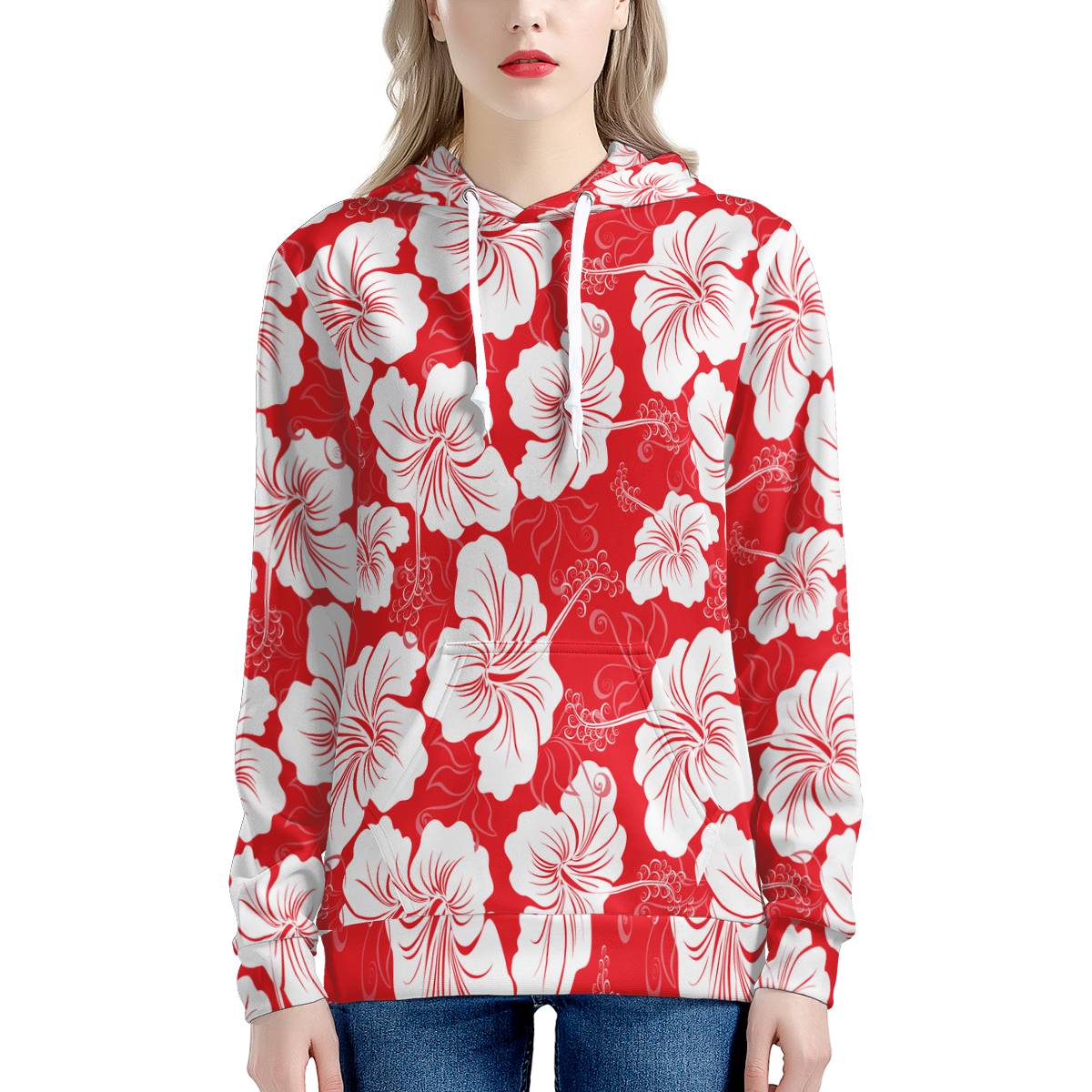 Flower Hawaiian Hibiscus Red Background Print Pullover Hoodie