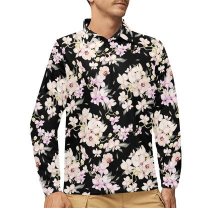 Orchid White Pattern Print Design OR03 Long Sleeve Polo Shirt For Men's