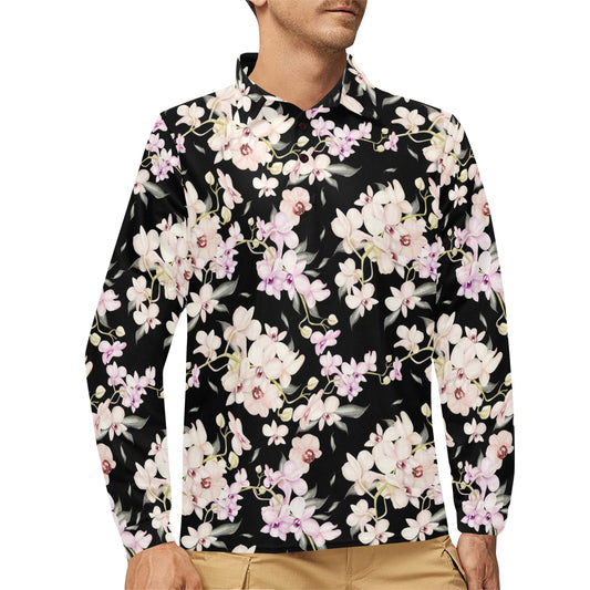 Orchid White Pattern Print Design OR03 Long Sleeve Polo Shirt For Men's