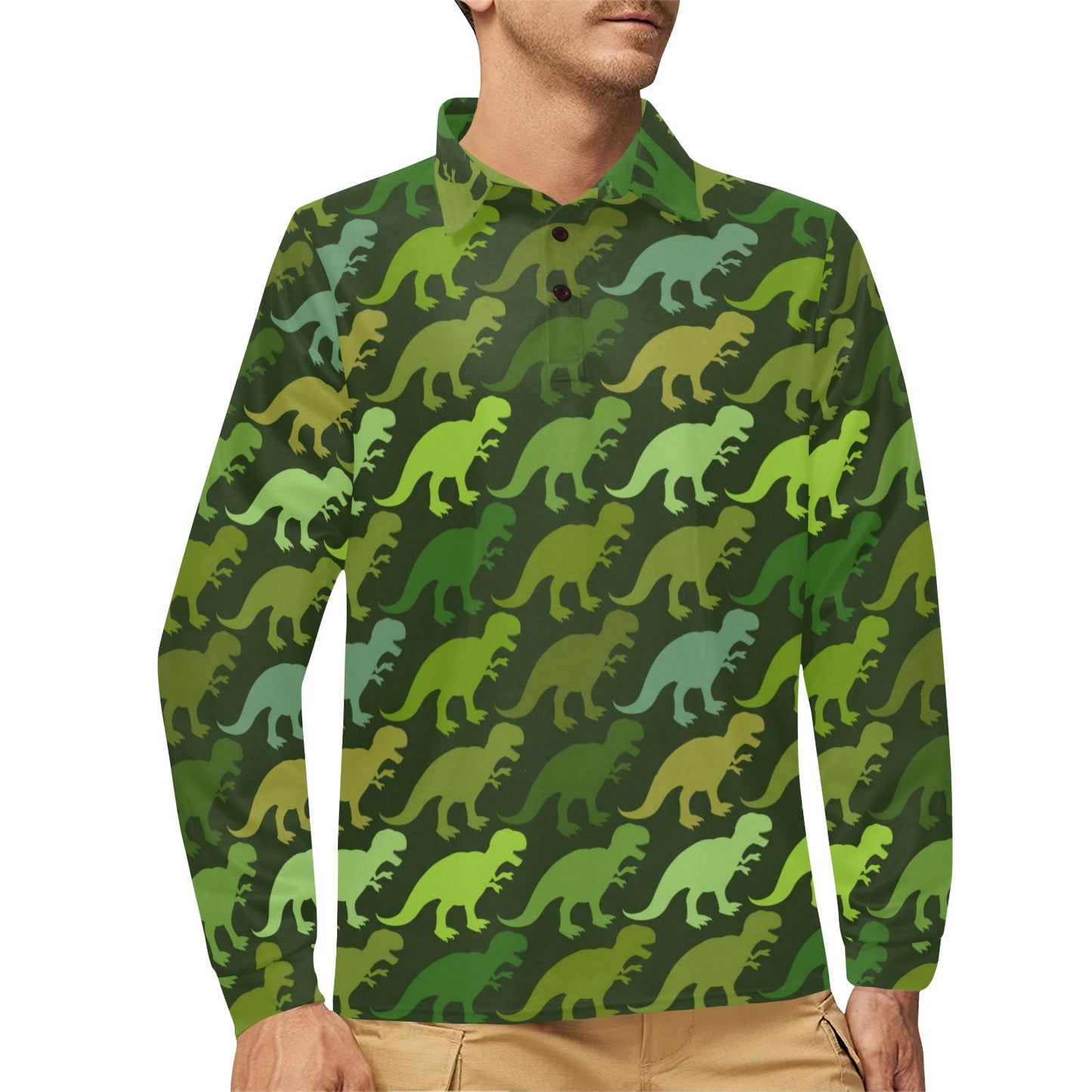 T Rex Pattern Print Design A03 Long Sleeve Polo Shirt For Men's