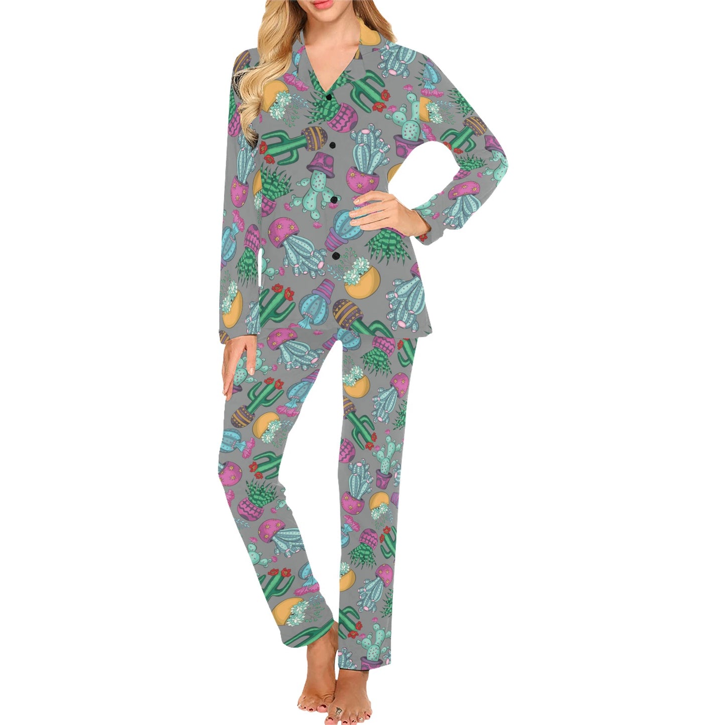 Cactus Colorful Print Pattern Women's Long Pajama Set