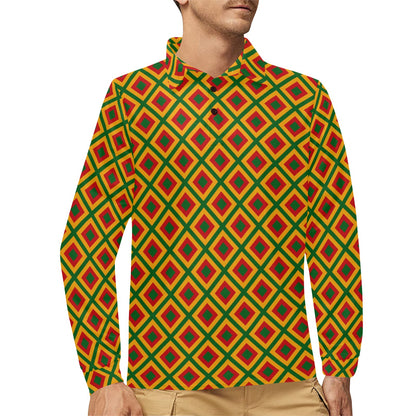 Rasta Reggae Color Cross Long Sleeve Polo Shirt For Men's
