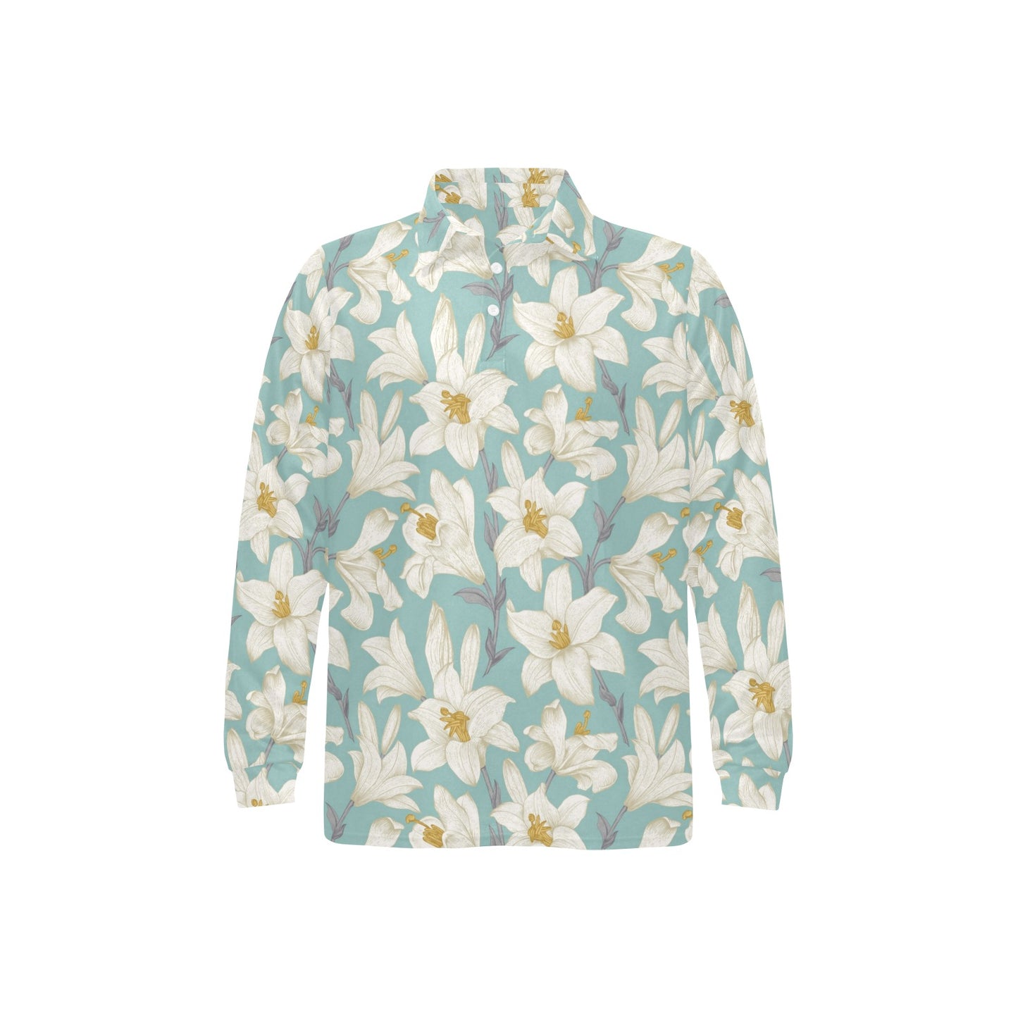 Lily Pattern Print Design 02 Long Sleeve Polo Shirt For Men's