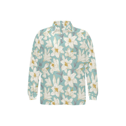Lily Pattern Print Design 02 Long Sleeve Polo Shirt For Men's
