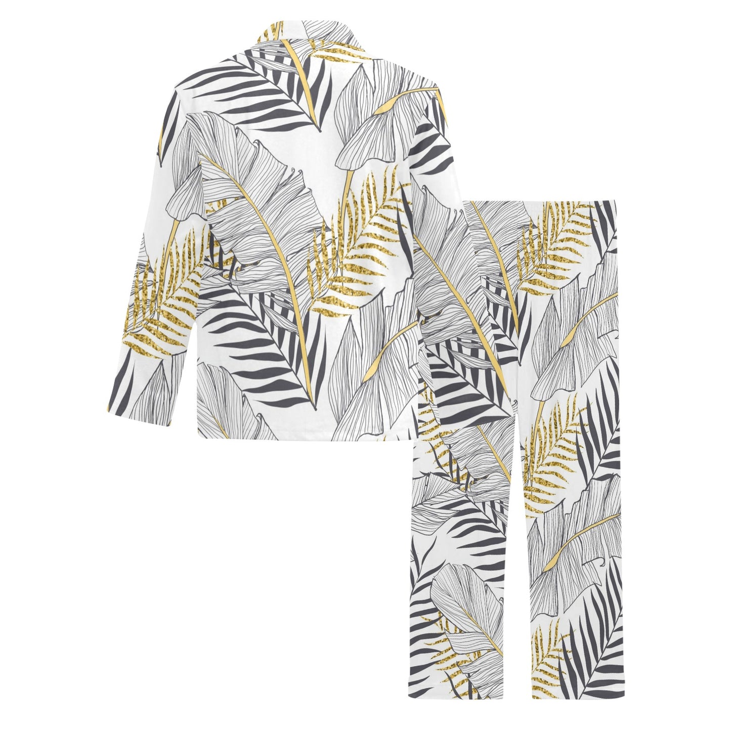 Gold Glitter Tropical Palm Leaves Men's Long Pajama Set