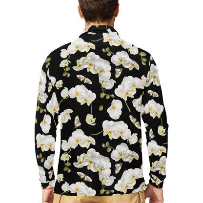 Orchid White Pattern Print Design OR011 Long Sleeve Polo Shirt For Men's