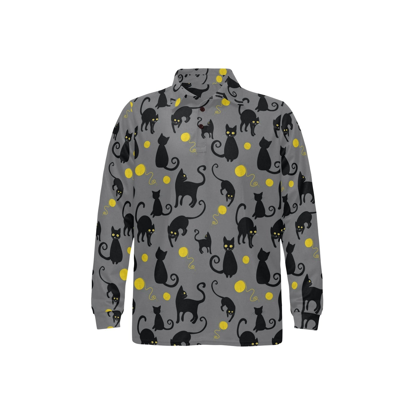 Black Cat Yellow Yarn Print Pattern Long Sleeve Polo Shirt For Men's