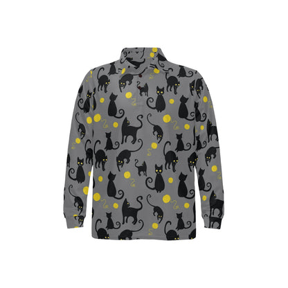Black Cat Yellow Yarn Print Pattern Long Sleeve Polo Shirt For Men's