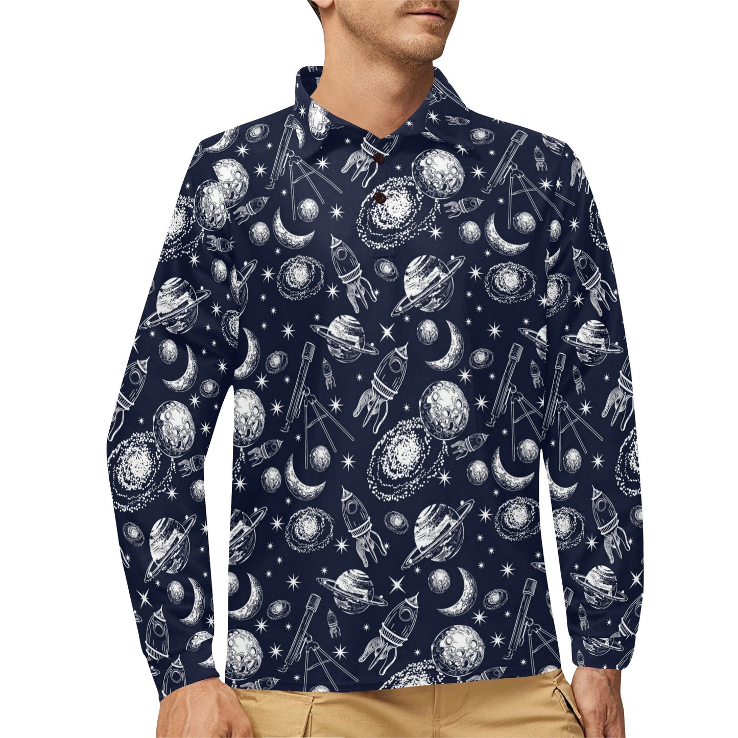 Space Rocket Print Design LKS301 Long Sleeve Polo Shirt For Men's