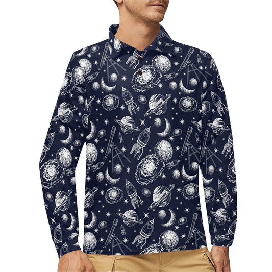 Space Rocket Print Design LKS301 Long Sleeve Polo Shirt For Men's