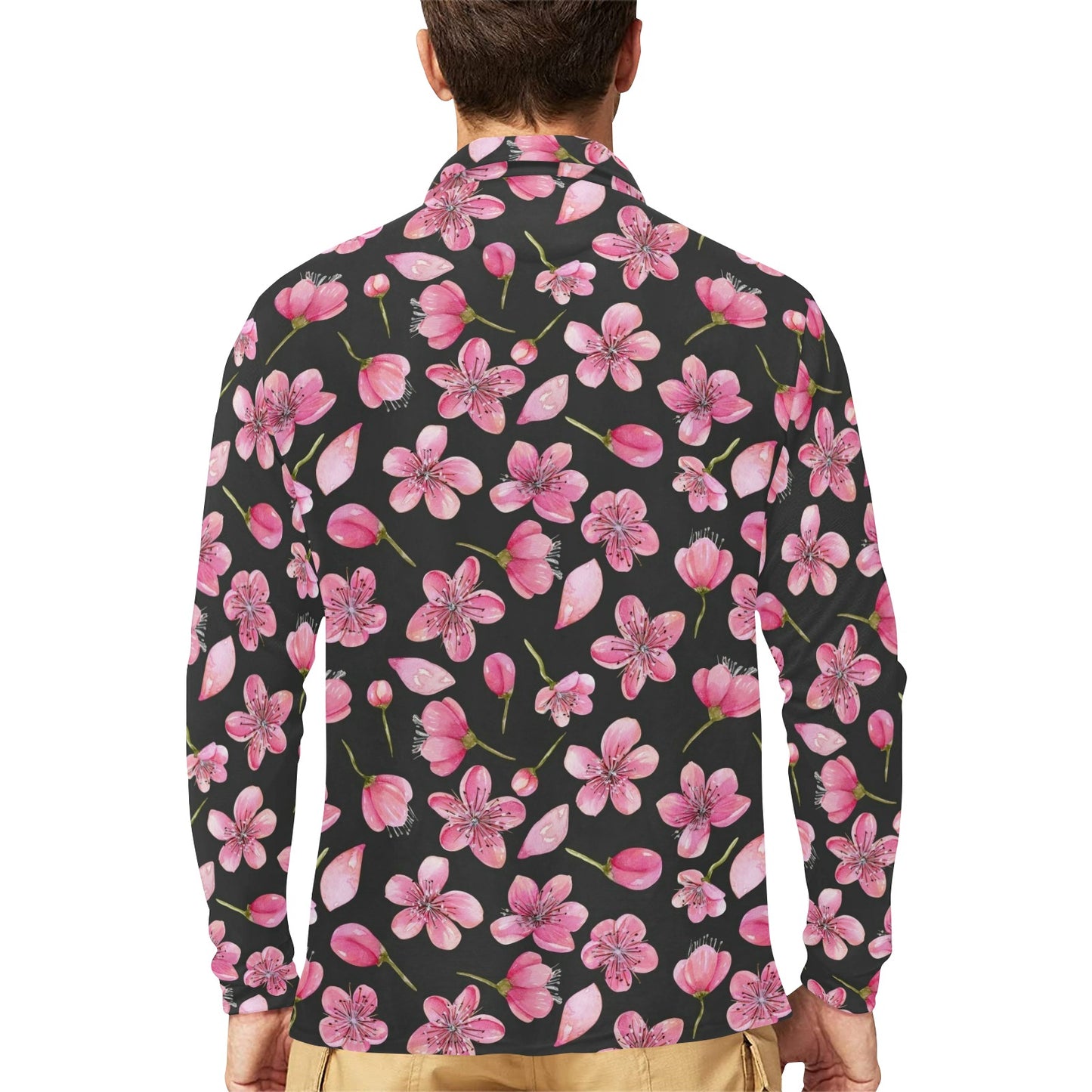 Apple blossom Pattern Print Design AB03 Long Sleeve Polo Shirt For Men's