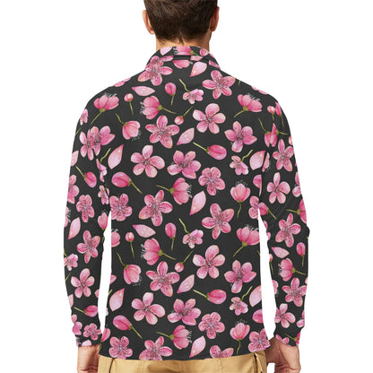Apple blossom Pattern Print Design AB03 Long Sleeve Polo Shirt For Men's