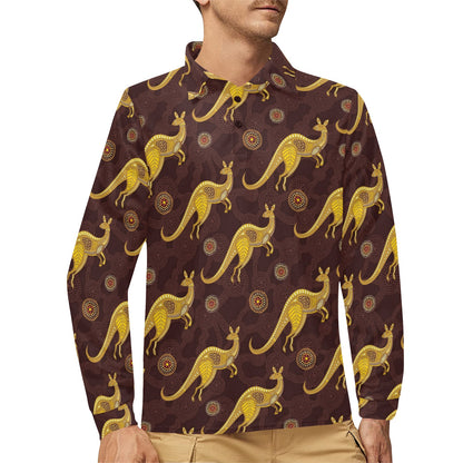 Kangaroos Aboriginal Pattern Print Design 08 Long Sleeve Polo Shirt For Men's