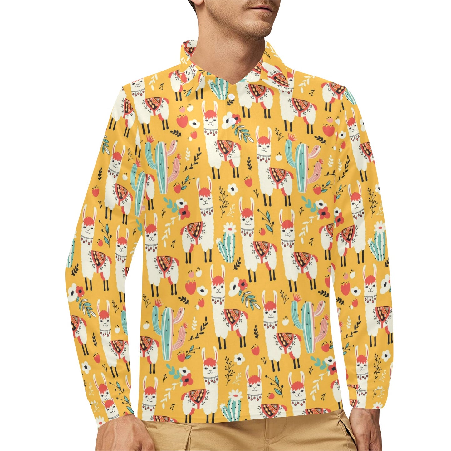 Llama Cute Themed Print Long Sleeve Polo Shirt For Men's