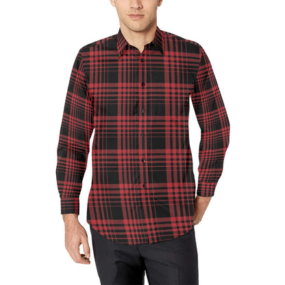 Tartan Red Black Print Design LKS303 Men's Long Sleeve Dress Shirt