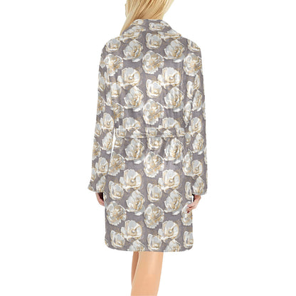 Elegant Grey Flower Print Women's Fleece Robe