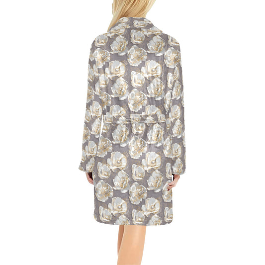 Elegant Grey Flower Print Women's Fleece Robe