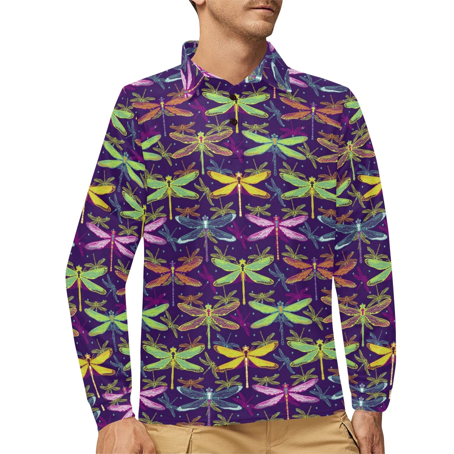 Dragonfly Neon Color Print Pattern Long Sleeve Polo Shirt For Men's