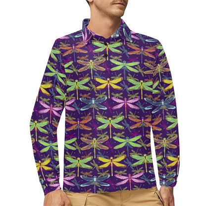 Dragonfly Neon Color Print Pattern Long Sleeve Polo Shirt For Men's